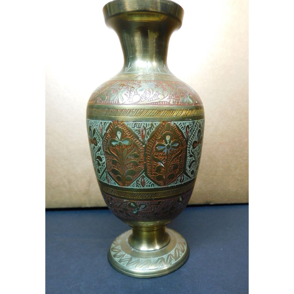 Vintage Brass Enamaled Vase India Marked 5.5 in. Tall